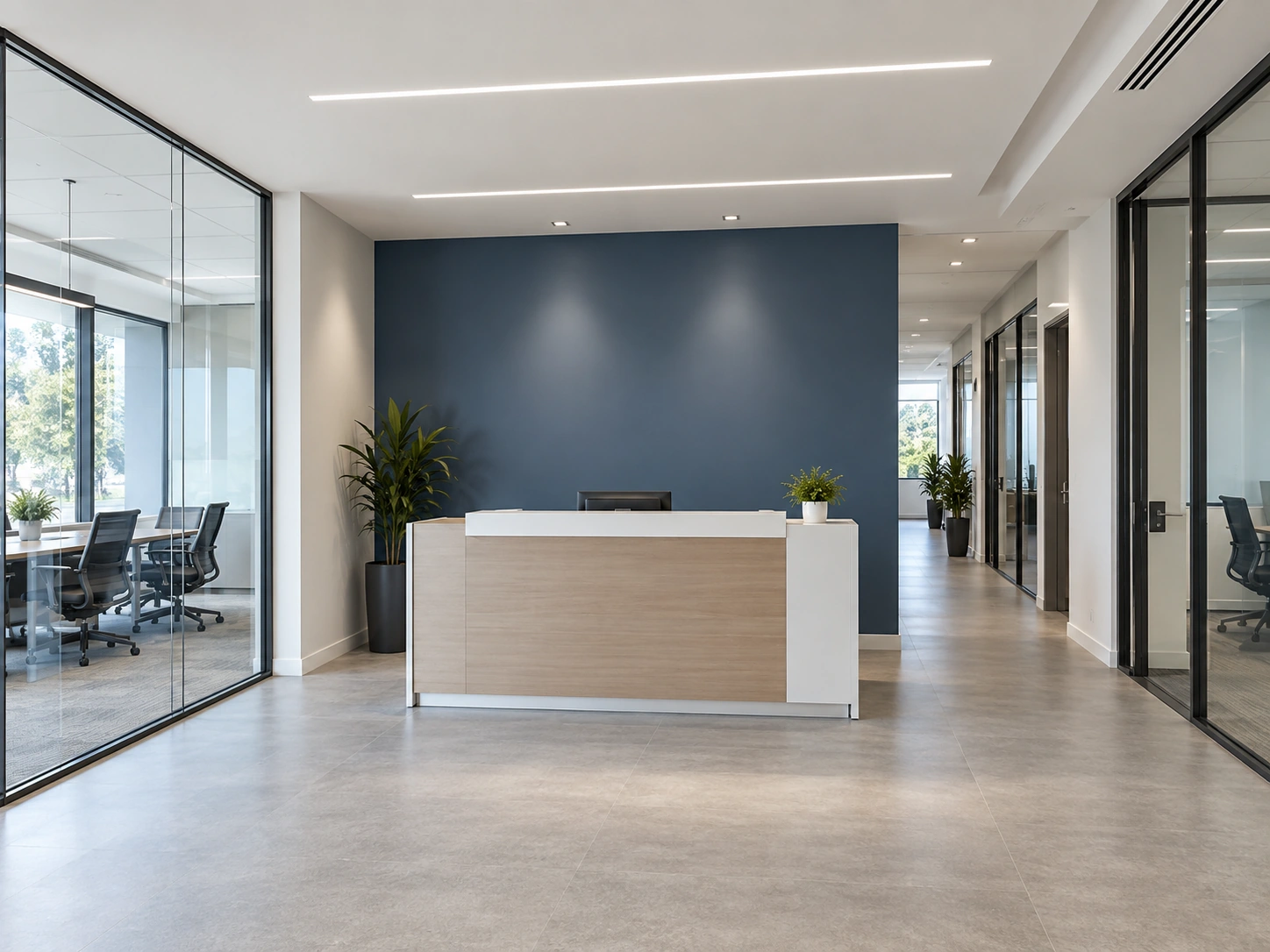 Modern commercial office reception with freshly finished walls and glass meeting rooms — AI-generated illustration