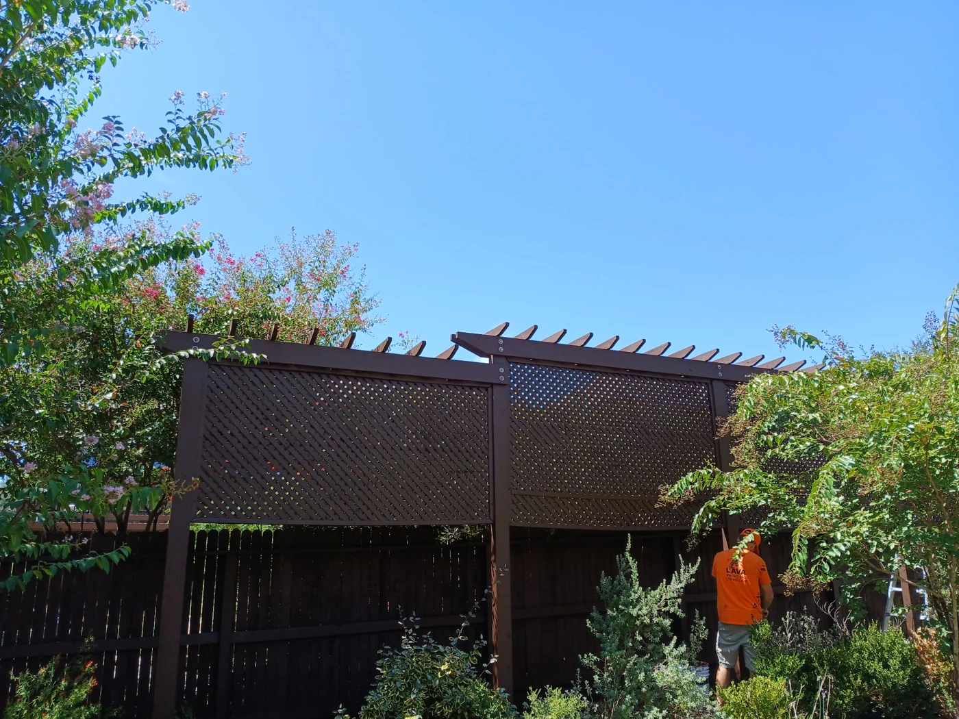 Outdoor beams and supports photographed from the yard.