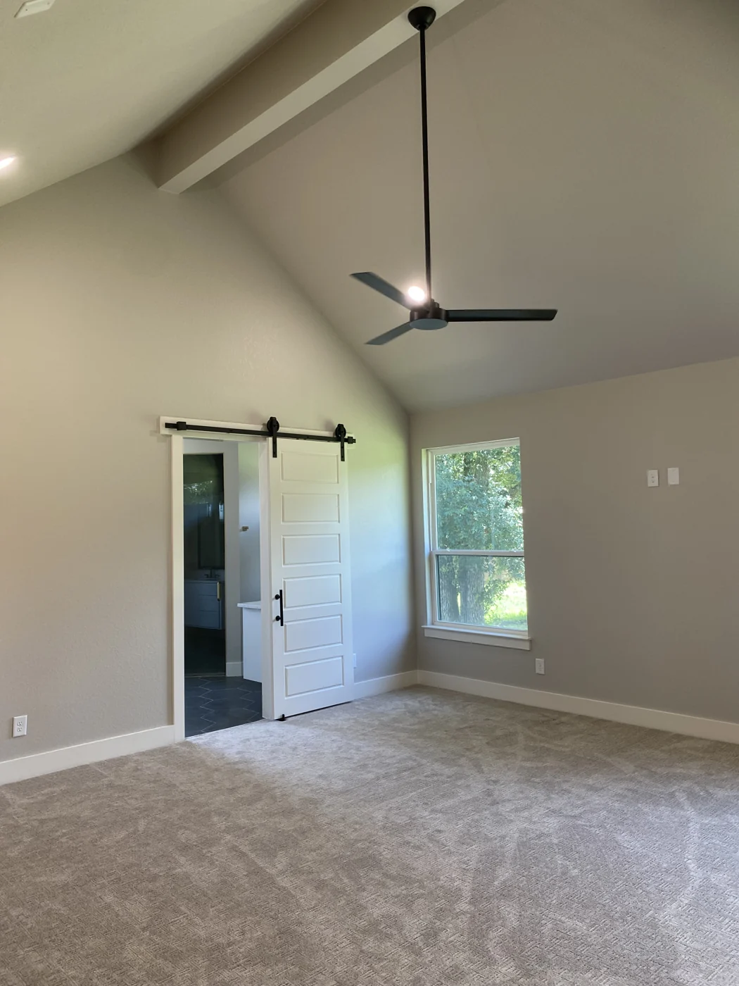 Light walls and crisp trim frame the doors and windows in this completed interior.
